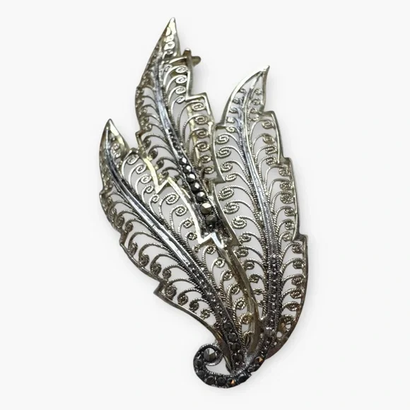 ALICE CAVINESS Vintage Germany Sterling Silver Filigree Leaf Brooch, Signed